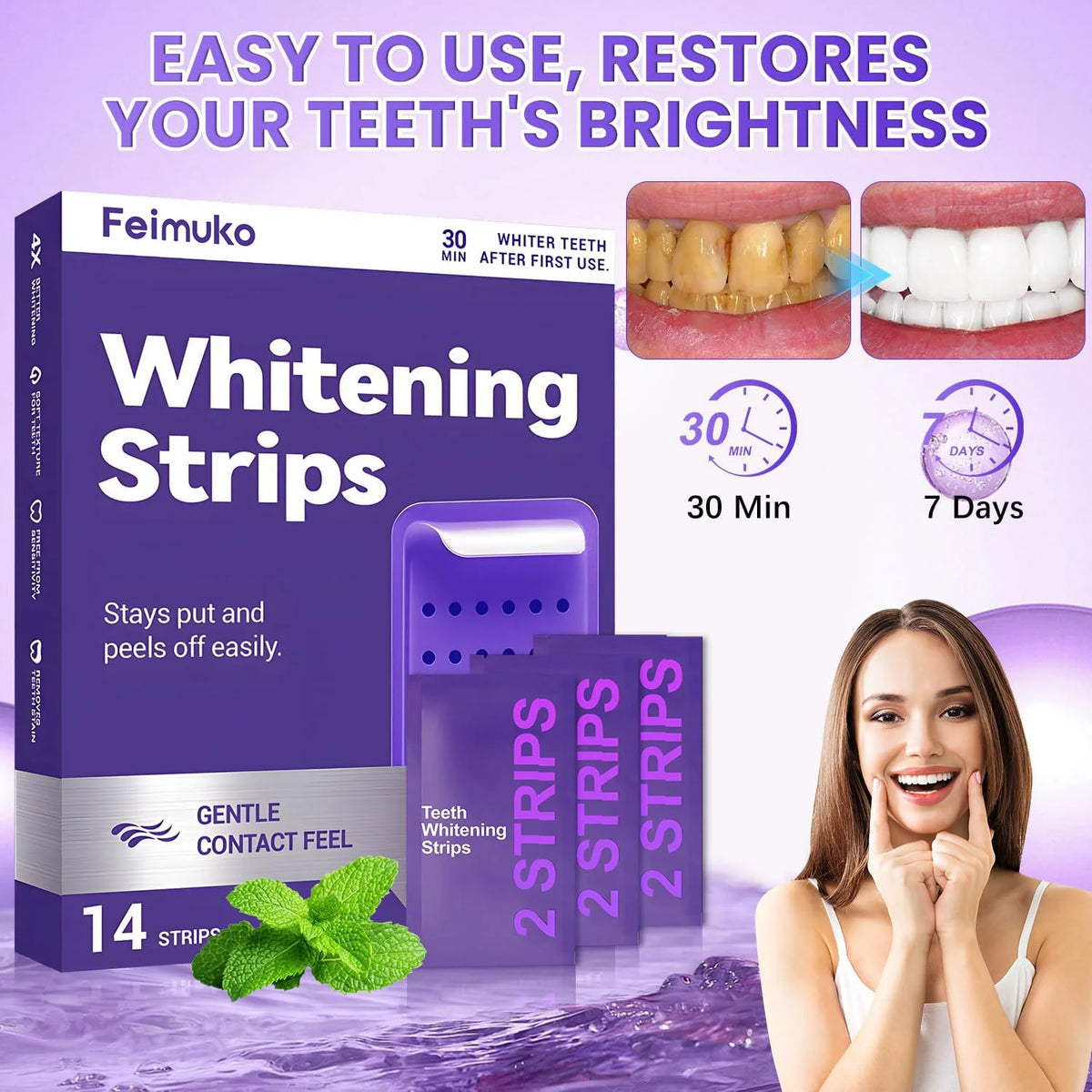 Purple Teeth Whitening Strips for Sensitive Teeth – Brightening Enamel Safe Remove Yellow Stains Long Lasting Oral Care Patches